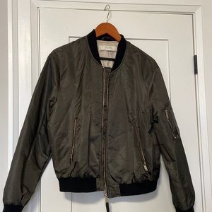 Zara bomber jacket in olive green with black and gold details
